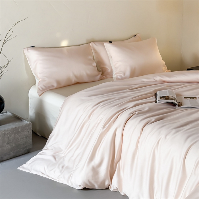 91家纺网 家纺一手货源 找家纺 绒棉世家 2026新款天丝面料纯色100%莱赛尔天丝面料四件套 粉玉+奶白