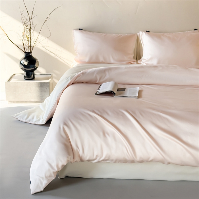 91家纺网 家纺一手货源 找家纺 绒棉世家 2026新款天丝面料纯色100%莱赛尔天丝面料四件套 粉玉+奶白