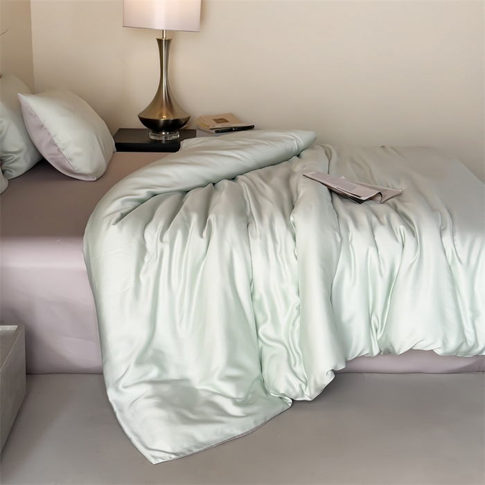 91家纺网 家纺一手货源 找家纺 绒棉世家 2026新款天丝面料纯色100%莱赛尔天丝面料四件套 清新绿+浅灰