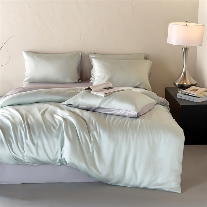 91家纺网 家纺一手货源 找家纺 绒棉世家 2026新款天丝面料纯色100%莱赛尔天丝面料四件套 清新绿+浅灰