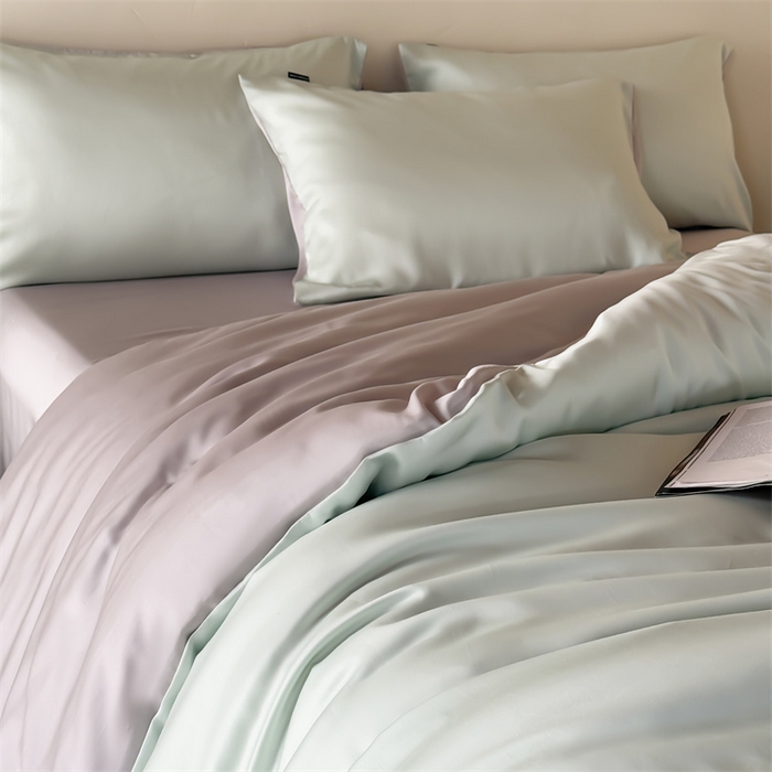 91家纺网 家纺一手货源 找家纺 绒棉世家 2026新款天丝面料纯色100%莱赛尔天丝面料四件套 清新绿+浅灰