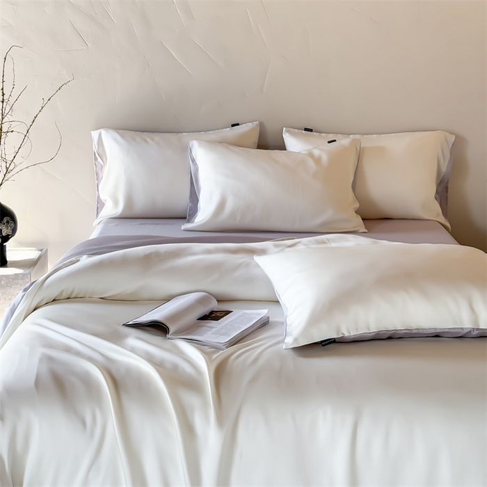 91家纺网 家纺一手货源 找家纺 绒棉世家 2026新款天丝面料纯色100%莱赛尔天丝面料四件套 奶白+浅灰