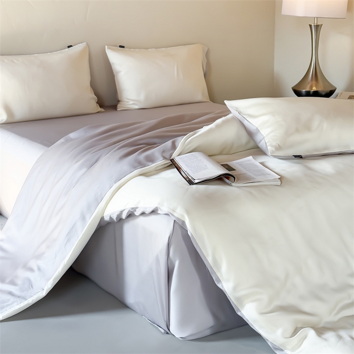 91家纺网 家纺一手货源 找家纺 绒棉世家 2026新款天丝面料纯色100%莱赛尔天丝面料四件套 奶白+浅灰