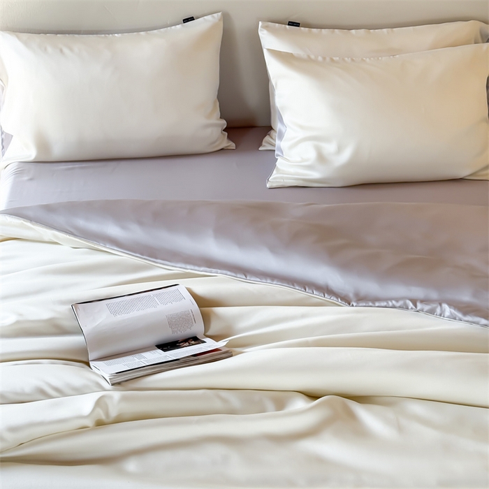 91家纺网 家纺一手货源 找家纺 绒棉世家 2026新款天丝面料纯色100%莱赛尔天丝面料四件套 奶白+浅灰