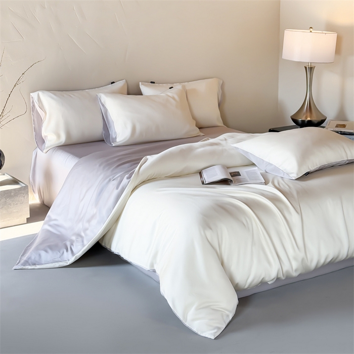 91家纺网 家纺一手货源 找家纺 绒棉世家 2026新款天丝面料纯色100%莱赛尔天丝面料四件套 奶白+浅灰