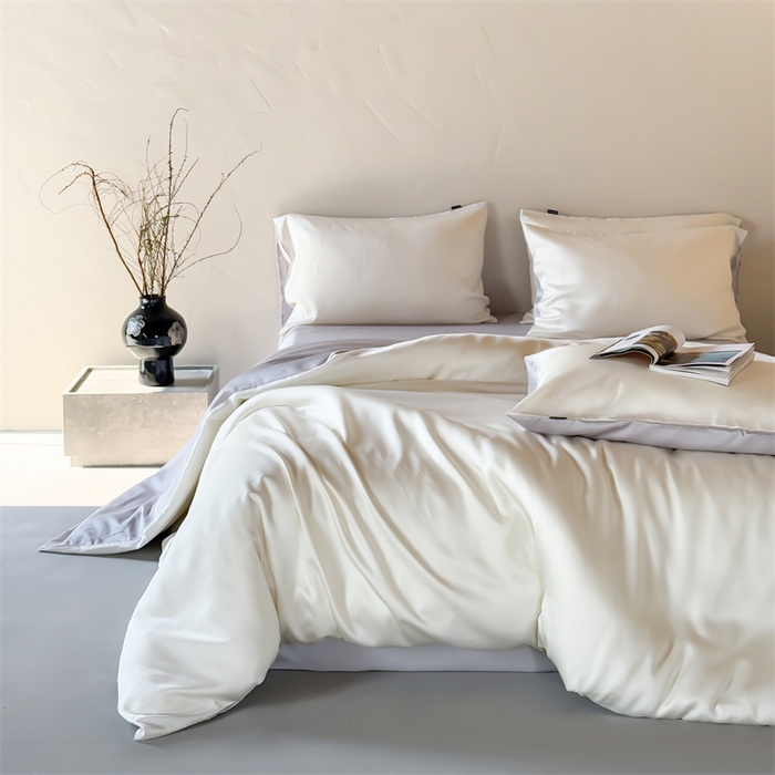 绒棉世家 2026新款天丝面料纯色100%莱赛尔天丝面料四件套 奶白+浅灰