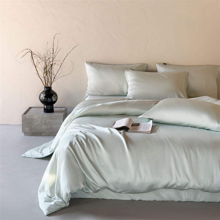 91家纺网 家纺一手货源 找家纺 绒棉世家 2026新款天丝面料纯色100%莱赛尔天丝面料四件套 清新绿