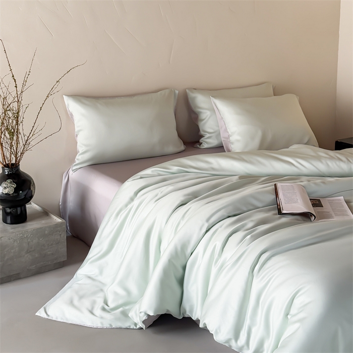 91家纺网 家纺一手货源 找家纺 绒棉世家 2026新款天丝面料纯色100%莱赛尔天丝面料四件套 清新绿+浅灰