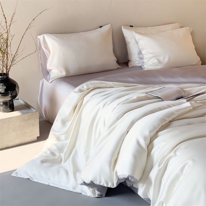 91家纺网 家纺一手货源 找家纺 绒棉世家 2026新款天丝面料纯色100%莱赛尔天丝面料四件套 奶白+浅灰