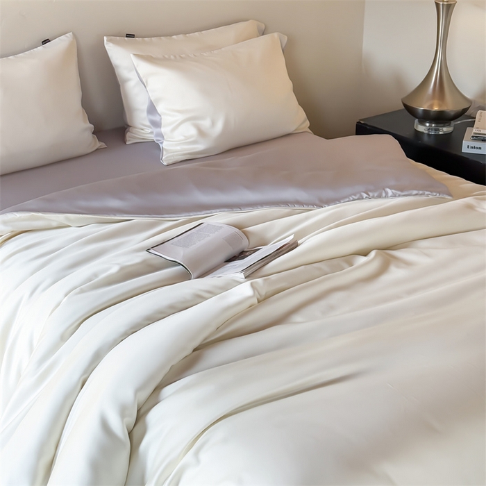 91家纺网 家纺一手货源 找家纺 绒棉世家 2026新款天丝面料纯色100%莱赛尔天丝面料四件套 奶白+浅灰