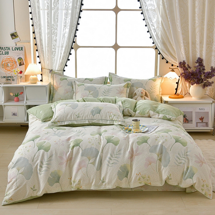 91家纺网 家纺一手货源 找家纺 绘萱家居 2026直播爆款一字绣吊边款纯棉100%全棉四件套印花百分百（喷气高品质） 银杏疏影