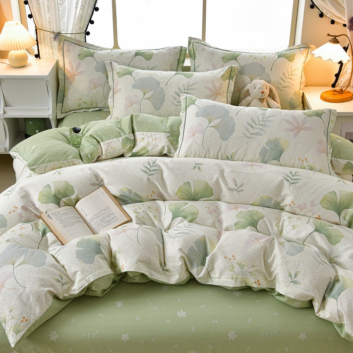 91家纺网 家纺一手货源 找家纺 绘萱家居 2026直播爆款一字绣吊边款纯棉100%全棉四件套印花百分百（喷气高品质） 银杏疏影