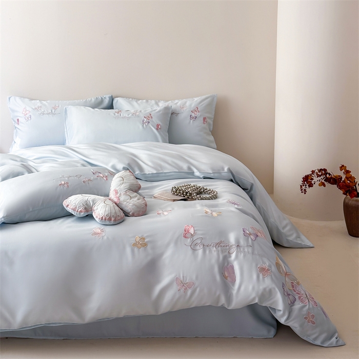 91家纺网 家纺一手货源 找家纺 （总）绒棉世家 2026新款100%莱赛尔天丝面料刺绣四件套-蝶引系列