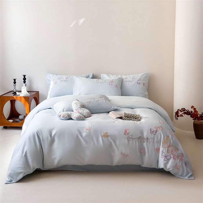 91家纺网 家纺一手货源 找家纺 （总）绒棉世家 2026新款100%莱赛尔天丝面料刺绣四件套-蝶引系列