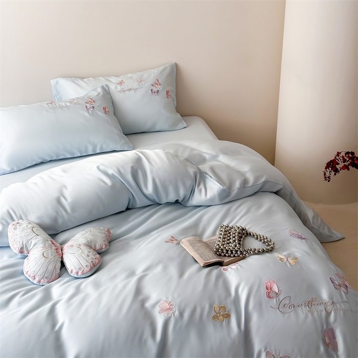 91家纺网 家纺一手货源 找家纺 （总）绒棉世家 2026新款100%莱赛尔天丝面料刺绣四件套-蝶引系列