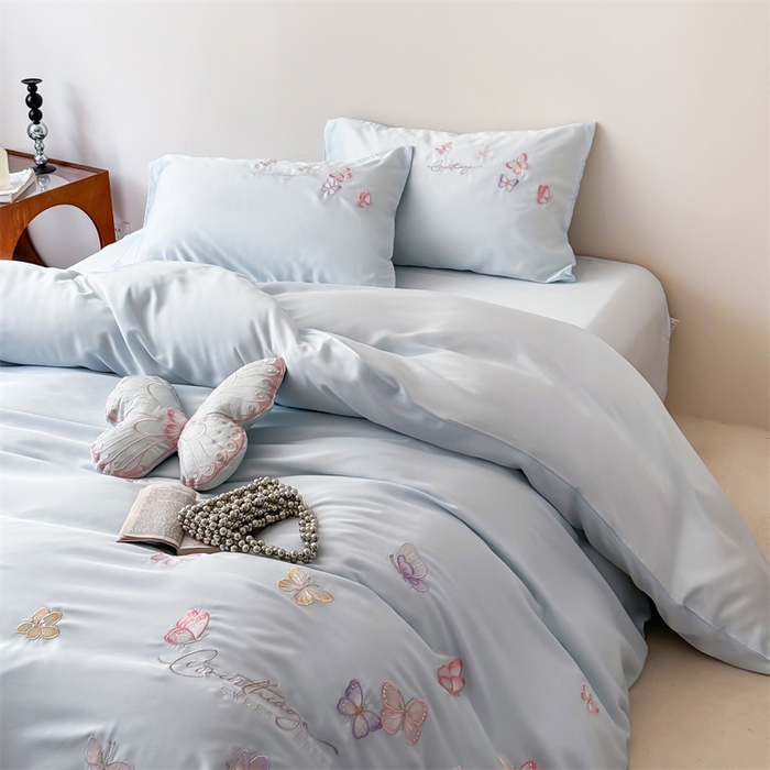 91家纺网 家纺一手货源 找家纺 （总）绒棉世家 2026新款100%莱赛尔天丝面料刺绣四件套-蝶引系列