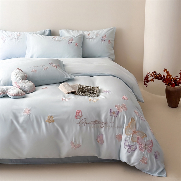 91家纺网 家纺一手货源 找家纺 （总）绒棉世家 2026新款100%莱赛尔天丝面料刺绣四件套-蝶引系列