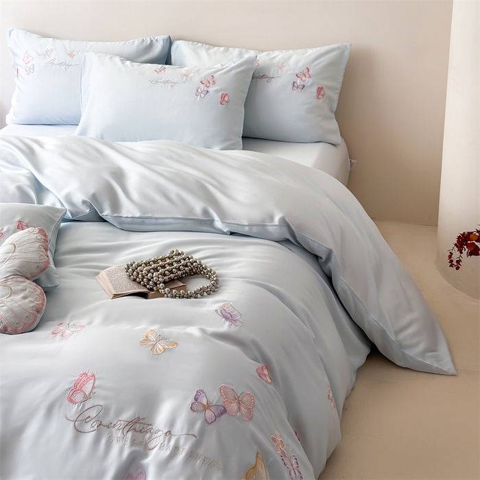 91家纺网 家纺一手货源 找家纺 （总）绒棉世家 2026新款100%莱赛尔天丝面料刺绣四件套-蝶引系列