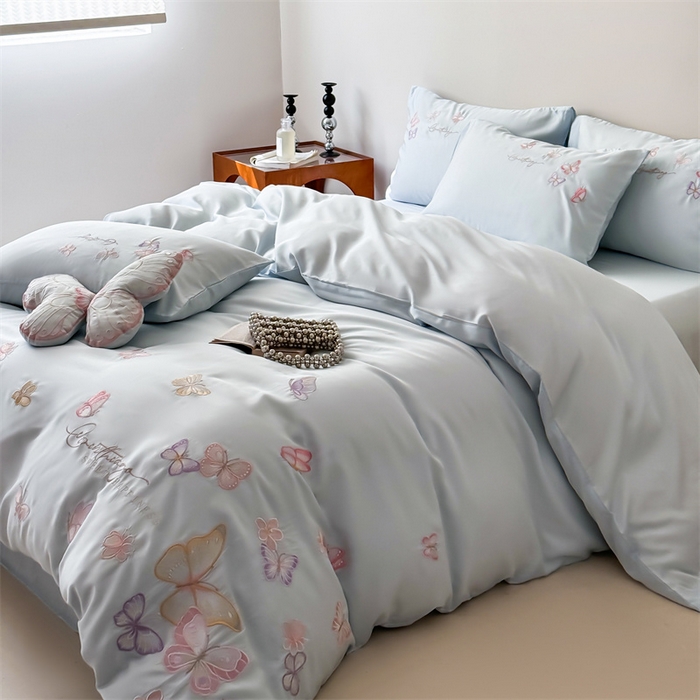 91家纺网 家纺一手货源 找家纺 （总）绒棉世家 2026新款100%莱赛尔天丝面料刺绣四件套-蝶引系列