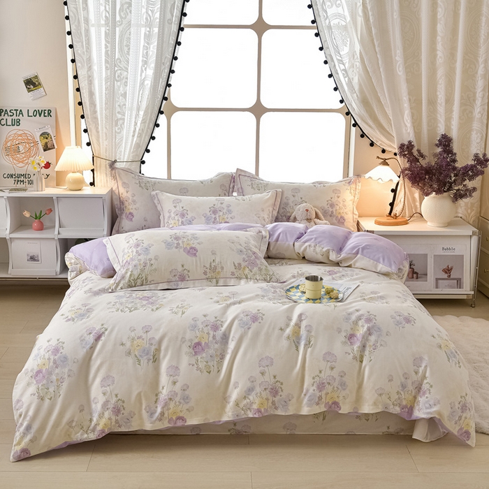 91家纺网 家纺一手货源 找家纺 绘萱家居 2026直播爆款一字绣吊边款纯棉100%全棉四件套印花百分百（喷气高品质） 云间柔