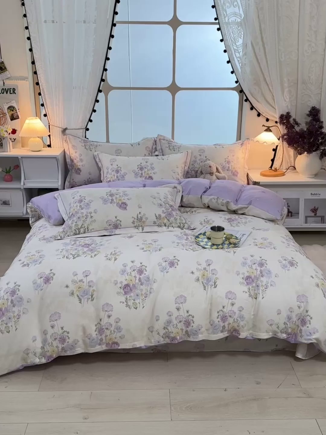 91家纺网 家纺一手货源 找家纺 绘萱家居 2026直播爆款一字绣吊边款纯棉100%全棉四件套印花百分百（喷气高品质） 云间柔