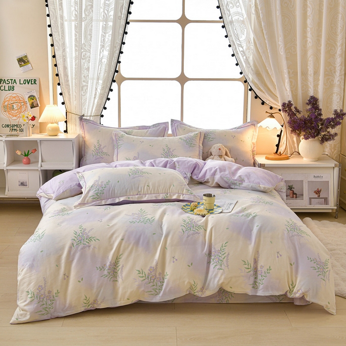 91家纺网 家纺一手货源 找家纺 绘萱家居 2026直播爆款一字绣吊边款纯棉100%全棉四件套印花百分百（喷气高品质） 紫藤花