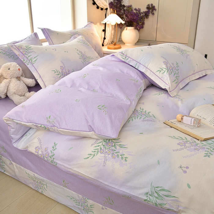 91家纺网 家纺一手货源 找家纺 绘萱家居 2026直播爆款一字绣吊边款纯棉100%全棉四件套印花百分百（喷气高品质） 紫藤花