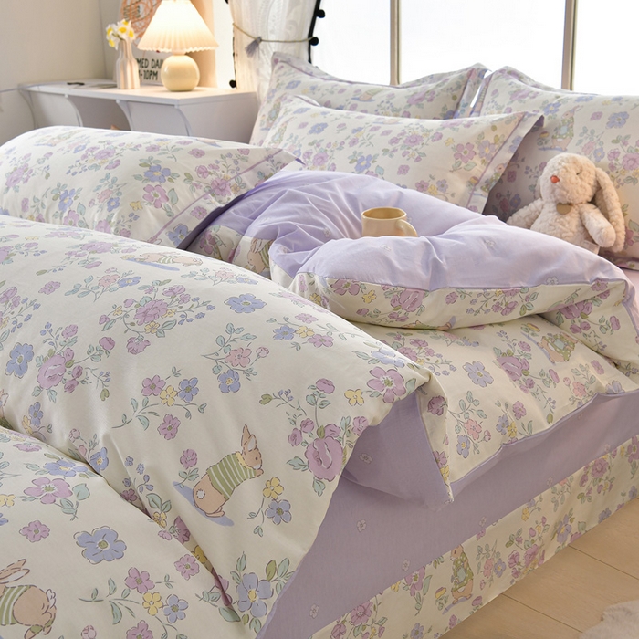 绘萱家居 2026直播爆款一字绣吊边款纯棉100%全棉四件套印花百分百（喷气高品质） 紫樱小兔