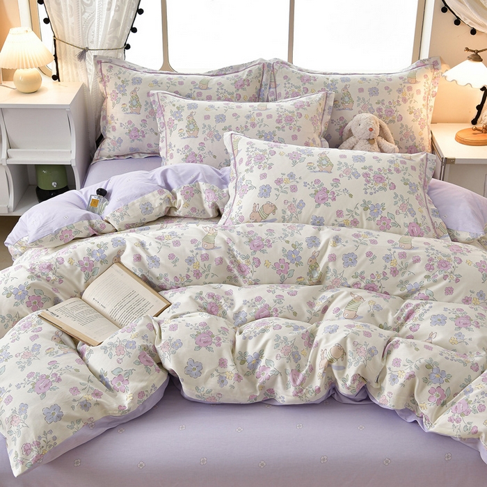 91家纺网 家纺一手货源 找家纺 绘萱家居 2026直播爆款一字绣吊边款纯棉100%全棉四件套印花百分百（喷气高品质） 紫樱小兔