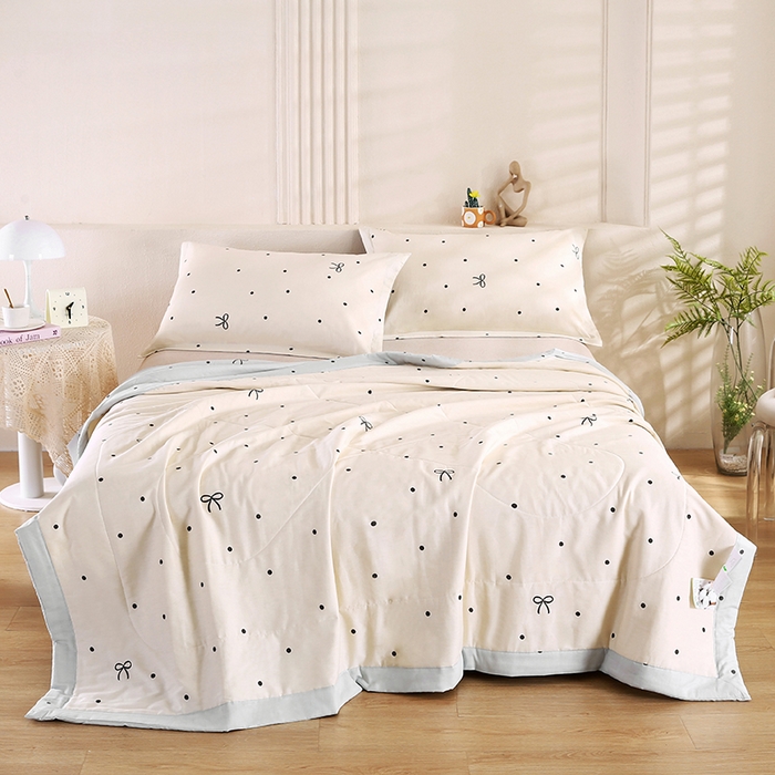 91家纺网 家纺一手货源 找家纺 米萝家居 2026新款里外全棉夏被纯棉棉棉花夏凉被空调被 被子被芯 波点蝴蝶结-咖