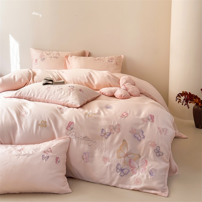 绒棉世家 2026新款100%莱赛尔天丝面料刺绣四件套-蝶引系列 蝶引-粉