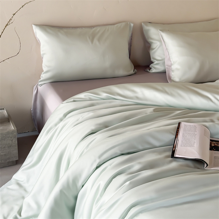 91家纺网 家纺一手货源 找家纺 优贝家纺 2026新款天丝面料纯色100%莱赛尔天丝面料四件套 清新绿+浅灰