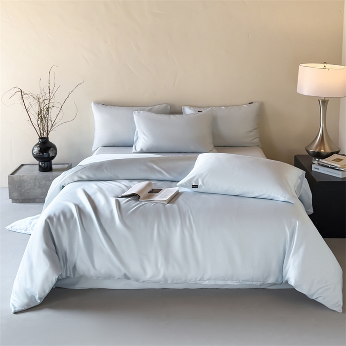 91家纺网 家纺一手货源 找家纺 优贝家纺 2026新款天丝面料纯色100%莱赛尔天丝面料四件套 水波蓝+浅灰