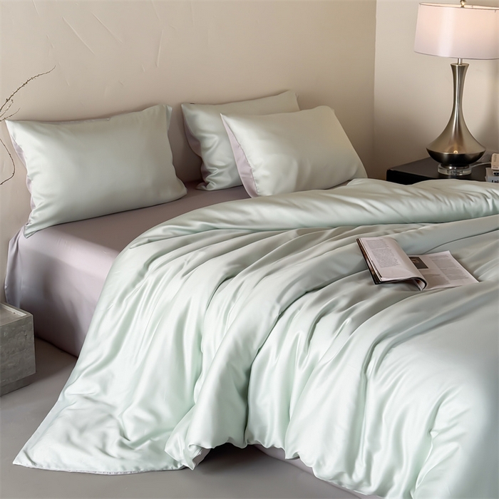 91家纺网 家纺一手货源 找家纺 优贝家纺 2026新款天丝面料纯色100%莱赛尔天丝面料四件套 清新绿+浅灰