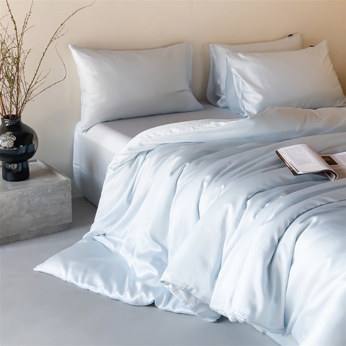 91家纺网 家纺一手货源 找家纺 优贝家纺 2026新款天丝面料纯色100%莱赛尔天丝面料四件套 水波蓝+浅灰