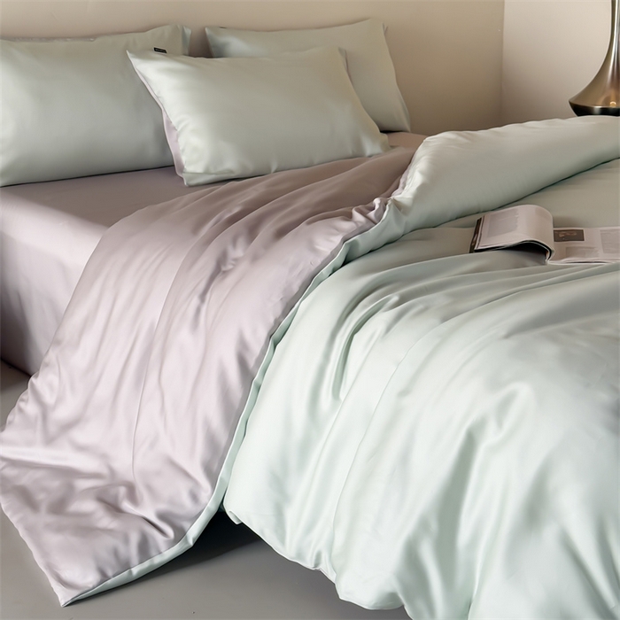 91家纺网 家纺一手货源 找家纺 优贝家纺 2026新款天丝面料纯色100%莱赛尔天丝面料四件套 清新绿+浅灰