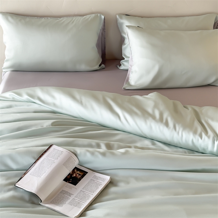 91家纺网 家纺一手货源 找家纺 优贝家纺 2026新款天丝面料纯色100%莱赛尔天丝面料四件套 清新绿+浅灰