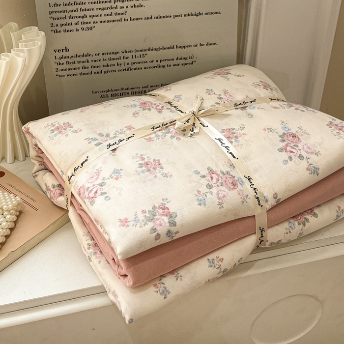 亿梵家居 2025新款A类母婴级有氧全棉纯棉双层纱纯棉印花四件套-叠拍图山花漫-米