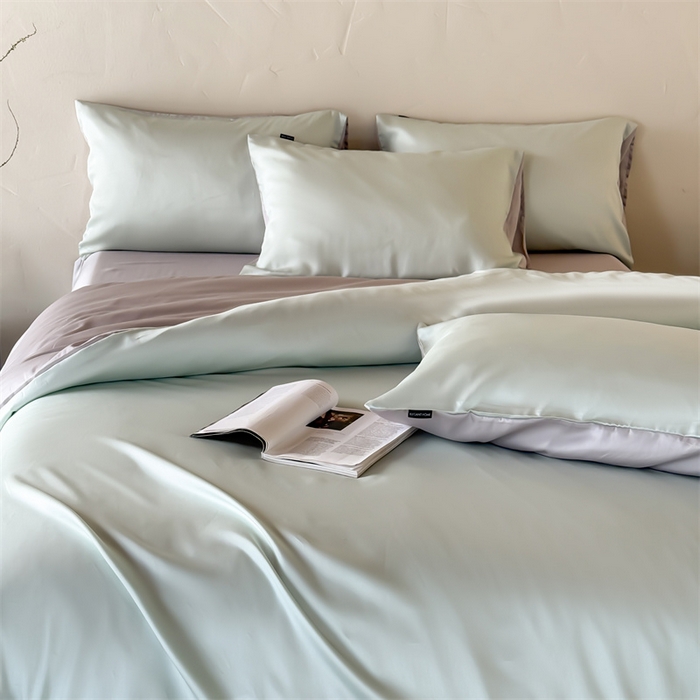 91家纺网 家纺一手货源 找家纺 优贝家纺 2026新款天丝面料纯色100%莱赛尔天丝面料四件套 清新绿+浅灰