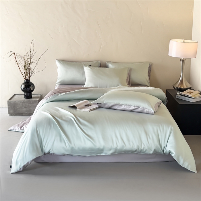 91家纺网 家纺一手货源 找家纺 优贝家纺 2026新款天丝面料纯色100%莱赛尔天丝面料四件套 清新绿+浅灰