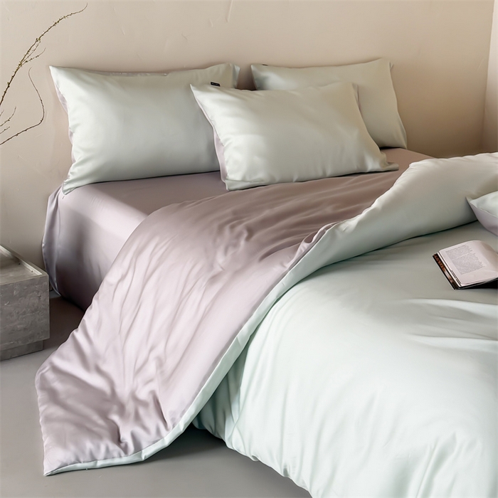 91家纺网 家纺一手货源 找家纺 优贝家纺 2026新款天丝面料纯色100%莱赛尔天丝面料四件套 清新绿+浅灰