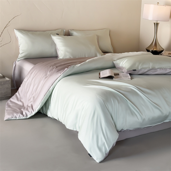 91家纺网 家纺一手货源 找家纺 优贝家纺 2026新款天丝面料纯色100%莱赛尔天丝面料四件套 清新绿+浅灰