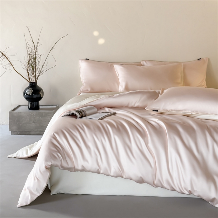 91家纺网 家纺一手货源 找家纺 优贝家纺 2026新款天丝面料纯色100%莱赛尔天丝面料四件套 粉玉+奶白