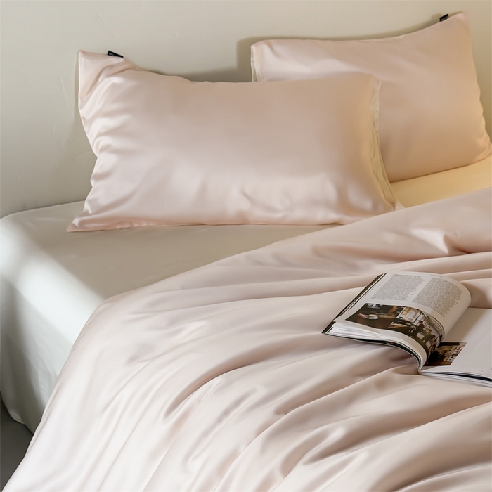 91家纺网 家纺一手货源 找家纺 优贝家纺 2026新款天丝面料纯色100%莱赛尔天丝面料四件套 粉玉+奶白