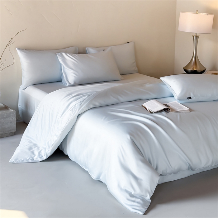 91家纺网 家纺一手货源 找家纺 优贝家纺 2026新款天丝面料纯色100%莱赛尔天丝面料四件套 水波蓝+浅灰