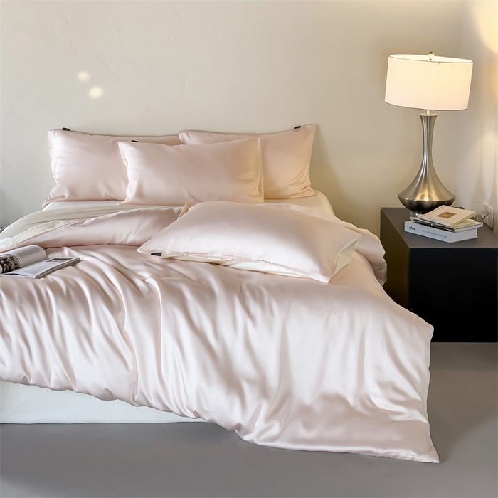 91家纺网 家纺一手货源 找家纺 优贝家纺 2026新款天丝面料纯色100%莱赛尔天丝面料四件套 粉玉+奶白