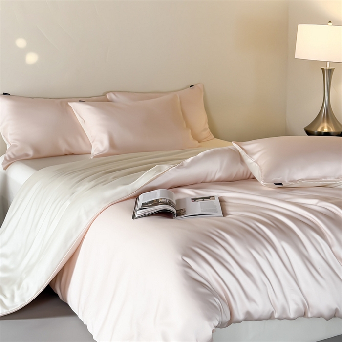 91家纺网 家纺一手货源 找家纺 优贝家纺 2026新款天丝面料纯色100%莱赛尔天丝面料四件套 粉玉+奶白