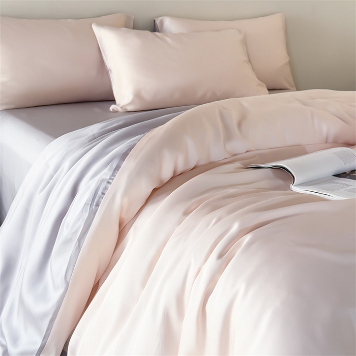 91家纺网 家纺一手货源 找家纺 优贝家纺 2026新款天丝面料纯色100%莱赛尔天丝面料四件套 粉玉+浅灰