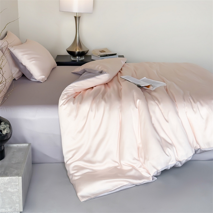 91家纺网 家纺一手货源 找家纺 优贝家纺 2026新款天丝面料纯色100%莱赛尔天丝面料四件套 粉玉+浅灰