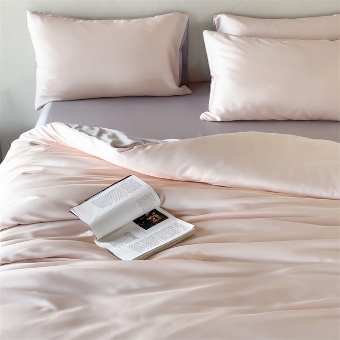 91家纺网 家纺一手货源 找家纺 优贝家纺 2026新款天丝面料纯色100%莱赛尔天丝面料四件套 粉玉+浅灰